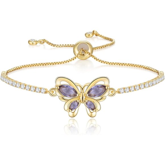 Women's Purple Butterfly Dainty Trendy Adjustable Tennis Slide Bracelet Jewelry - Picture 1 of 6